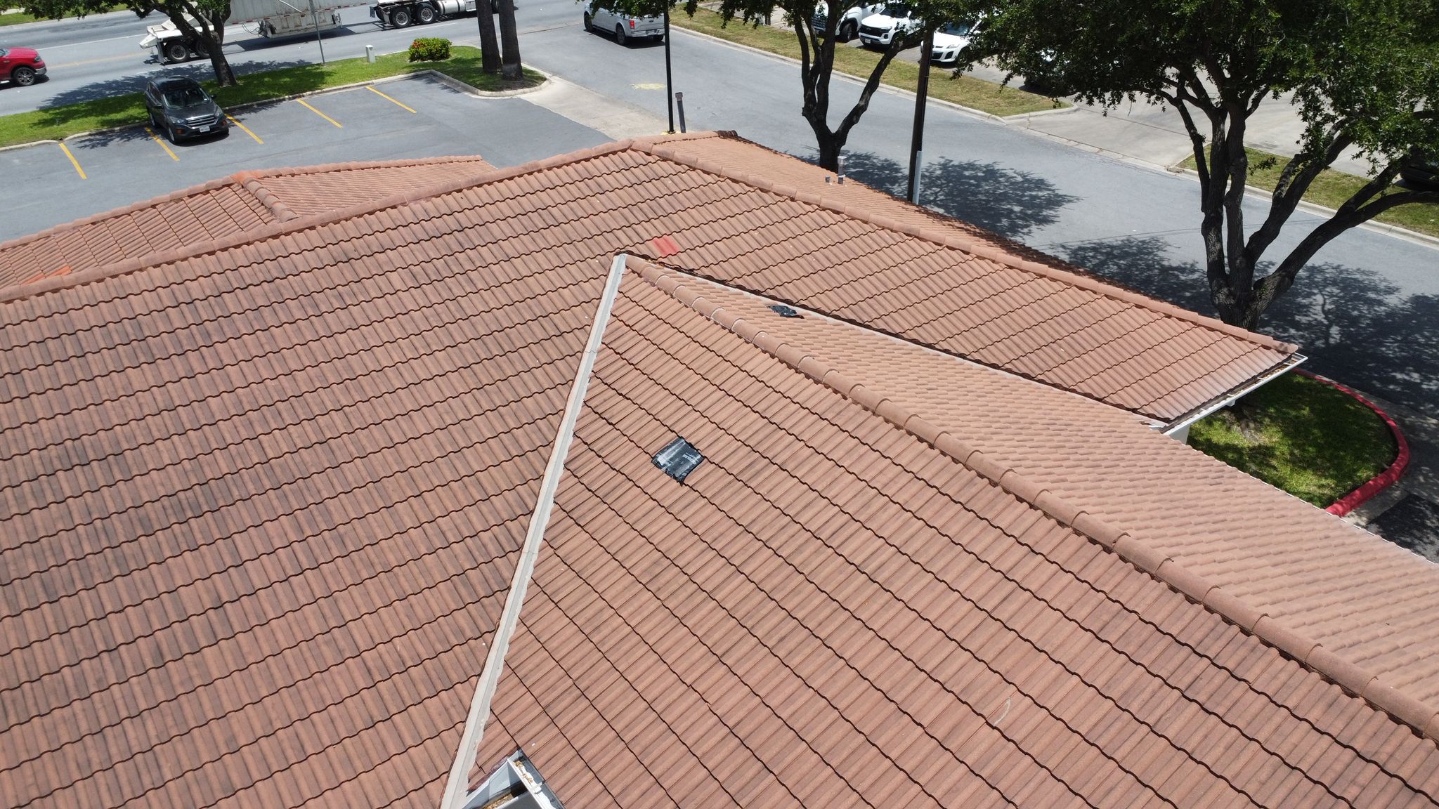 Aerial view of a completed clay tile roof in the Rio Grande Valley